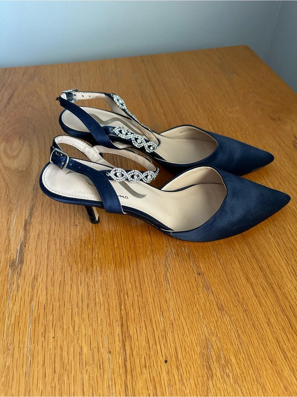 Nina Navy Pointed Toe Slingback Heels with Rhinestone T-Strap - Picture 2 of 5